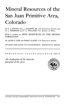 Mineral Resources of the San Juan Primitive Area, Colorado