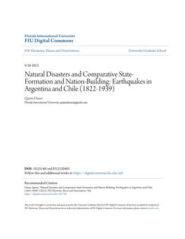 Earthquakes in Argentina and Chile (1822-1939) Quinn Dauer Florida International University, Quinndauer@Gmail.Com