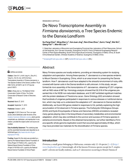 De Novo Transcriptome Assembly in Firmiana Danxiaensis, a Tree Species Endemic to the Danxia Landform