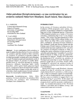 Hebe Paludosa (Scrophulariaceae)—A New Combination for a N Endemic Wetland Hebe from Westland, South Island, New Zealan D