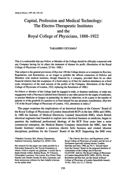 Capital, Profession and Medical Technology: the Electro-Therapeutic Institutes and the Royal College of Physicians, 1888-1922