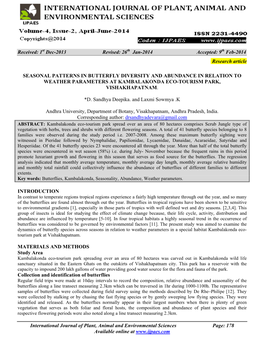 Seasonal Patterns in Butterfly Diversity and Abundance in Relation to Weather Parameters at Kambalakonda Eco-Tourism Park, Vishakhapatnam