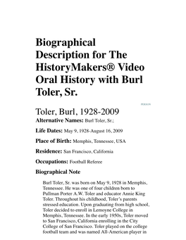 Biographical Description for the Historymakers® Video Oral History with Burl Toler, Sr