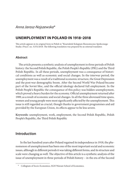 Anna Jarosz-Nojszewska* UNEMPLOYMENT in POLAND IN