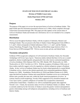 STATUS of WOLVES in SOUTHEAST ALASKA Division of Wildlife Conservation Alaska Department of Fish and Game October, 2012