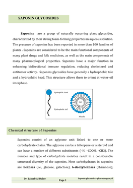 Chemical Structure of Saponins SAPONIN GLYCOSIDES