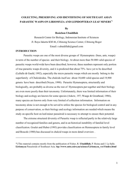 Colecting, Preserving and Identifiying of South East Asian Parasitic Wasps on Liriomyza and Lepidopteran Leaf Miners*)