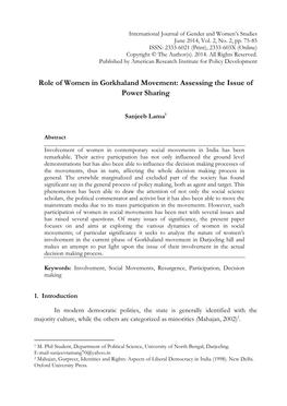 Role of Women in Gorkhaland Movement: Assessing the Issue of Power Sharing