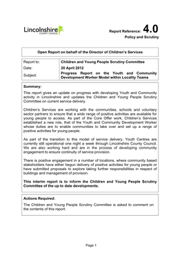 Children and Young People Scrutiny Committee Date: 20 April 2012 Progress Report on the Youth and Community Subject: Development Worker Model Within Locality Teams