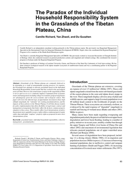 The Paradox of the Individual Household Responsibility System in the Grasslands of the Tibetan Plateau, China Camille Richard, Yan Zhaoli, and Du Guozhen