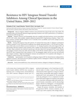 Resistance to HIV Integrase Strand Transfer Inhibitors Among Clinical Specimens in the United States, 2009–2012