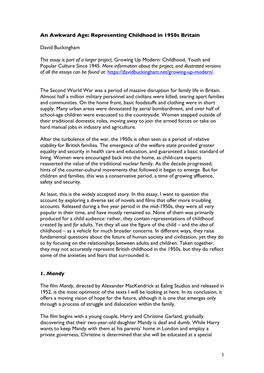 1 an Awkward Age: Representing Childhood in 1950S Britain David Buckingham This Essay Is Part of a Larger Project, Growing up Mo