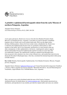 A Primitive Cephalomyid Hystricognath Rodent from the Early Miocene of Northern Patagonia, Argentina