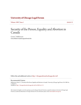 Security of the Person, Equality and Abortion in Canada Gwen C