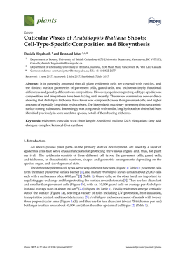 Cuticular Waxes of Arabidopsis Thaliana Shoots: Cell-Type-Speciﬁc Composition and Biosynthesis