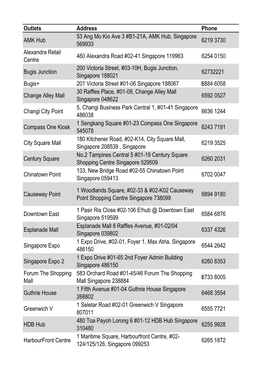 Outlets Address Phone AMK Hub 53 Ang Mo Kio Ave 3 #B1-21A, AMK