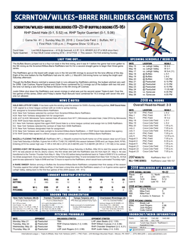 Scranton/Wilkes-Barre Railriders Game Notes Scranton/Wilkes-Barre Railriders (19-21) @ Buffalo Bisons (15-16) RHP David Hale (0-1, 5.52) Vs