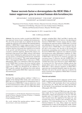 Tumor Necrosis Factor-Α Downregulates the REIC/Dkk-3 Tumor Suppressor Gene in Normal Human Skin Keratinocytes