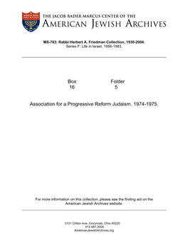 Box Folder 16 5 Association for a Progressive Reform Judaism. 1974
