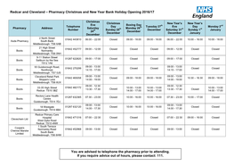 Redcar and Cleveland – Pharmacy Christmas and New Year Bank Holiday Opening 2016/17