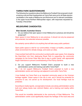 Yarra Park Questionnaire Melbourne Candidates