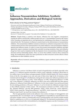 Influenza Neuraminidase Inhibitors: Synthetic Approaches, Derivatives