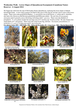 Plant List for Queanbeyan Escarpment Lower Slopes – 6 August 2014