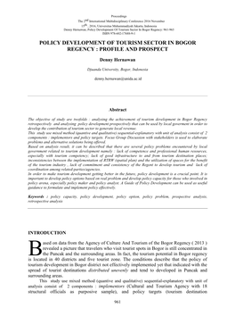 Policy Development of Tourism Sector in Bogor Regency: 961-965 ISBN 978-602-17688-9-1 POLICY DEVELOPMENT of TOURISM SECTOR in BOGOR REGENCY : PROFILE and PROSPECT