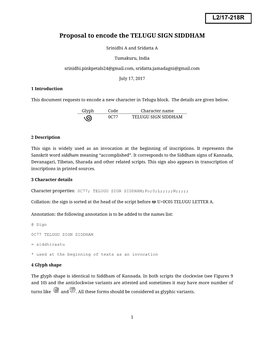 Proposal to Encode the TELUGU SIGN SIDDHAM L2/17-218R