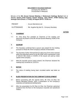 BOILERMECH HOLDINGS BERHAD (Company No: 897694-T) (Incorporated in Malaysia) Minutes of the 8Th Annual General Meeting of Boiler