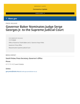 Governor Baker Nominates Judge Serge Georges Jr. to the Supreme Judicial Court