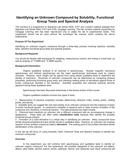 Identifying an Unknown Compound by Solubility, Functional Group Tests and Spectral Analysis