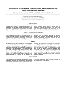 OFFAL YIELDS of SPRINGBOK, GEMSBOK, KUDU, RED HARTEBEEST and ELAND from NAMIBIA (Abstract)