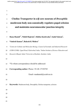 Choline Transporter in Α/Β Core Neurons of Drosophila Mushroom