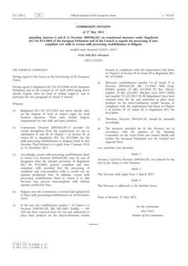 Commission Decision of 27 May 2011 Amending Annexes I
