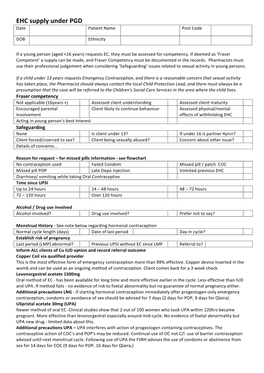 EHC Supply Under PGD Date Patient Name Post Code