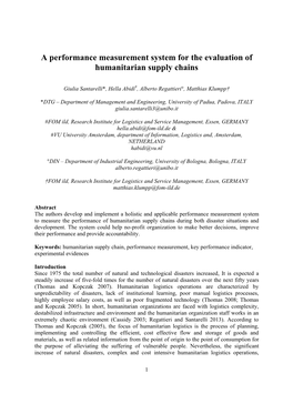 A Performance Measurement System for the Evaluation of Humanitarian Supply Chains