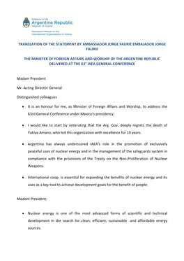 Translation of the Statement by Ambassador Jorge Faurie Embajador Jorge Faurie