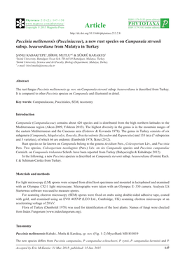 Puccinia Melitenensis (Pucciniaceae), a New Rust Species on Campanula Stevenii Subsp