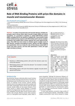 Role of RNA Binding Proteins with Prion-Like Domains in Muscle and Neuromuscular Diseases