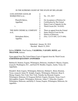 IN the SUPREME COURT of the STATE of DELAWARE LUIS ANTONIO AGUILAR MARQUINEZ Et Al., Plaintiffs Below, Appellant, V. the DOW CH