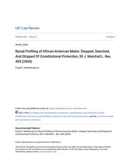 Racial Profiling of African-American Males: Stopped, Searched, and Stripped of Constitutional Protection, 38 J