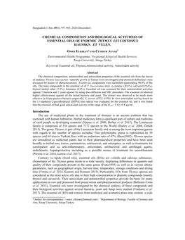 Chemical Composition and Biological Activities of Essential Oils of Endemic Thymus Leucostomus Hausskn. Et Velen