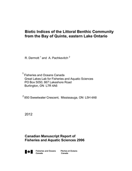 Biotic Indices of the Littoral Benthic Community from the Bay of Quinte, Eastern Lake Ontario