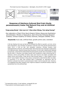 Response of Hatchery-Cultured Mud Crab (Scylla Paramamosain) Instar Fed Natural Prey and an Artificial Feed