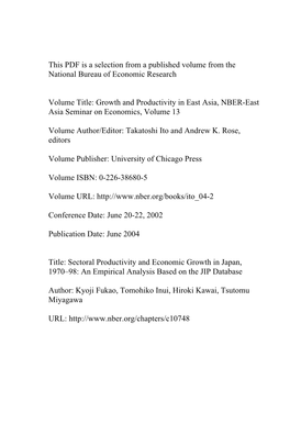 Sectoral Productivity and Economic Growth in Japan, 1970–98: an Empirical Analysis Based on the JIP Database