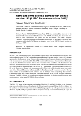 Name and Symbol of the Element with Atomic Number 112 (IUPAC Recommendations 2010)*