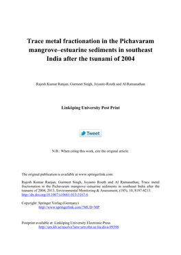 Trace Metal Fractionation in the Pichavaram Mangrove–Estuarine Sediments in Southeast India After the Tsunami of 2004