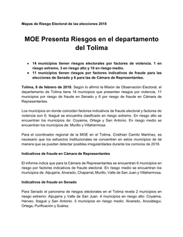 MOE Presenta Riesgos En El Departamento Del Tolima