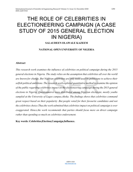 The Role of Celebrities in Electioneering Campaign (A Case Study of 2015 General Election in Nigeria) Salaudeen Olawale Kazeem